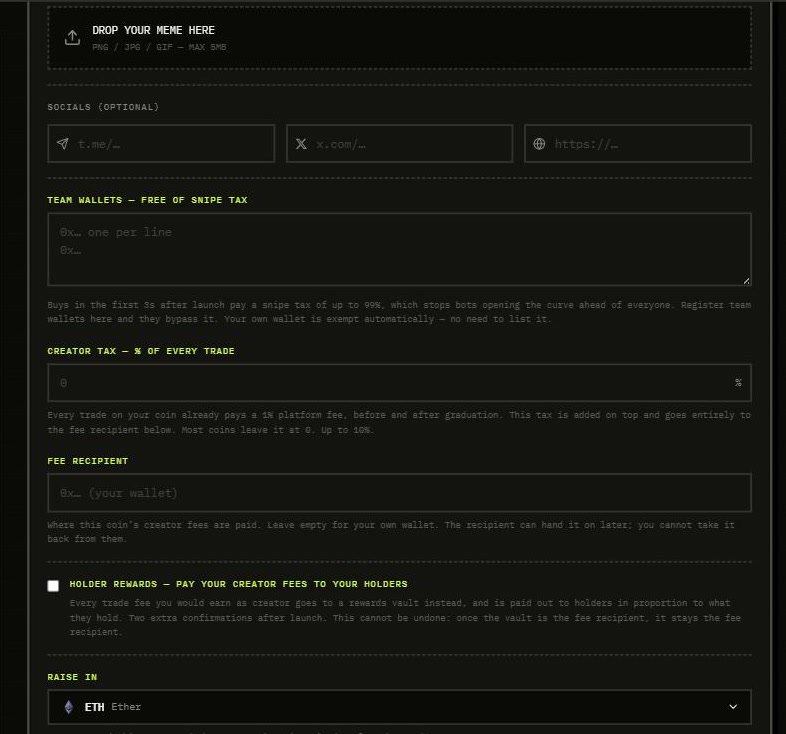 Team wallets, creator tax, fee recipient, holder rewards and raise asset settings